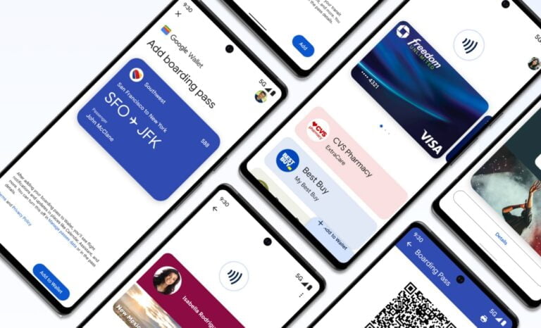 Zestaw smartfonów pokazujących różne aplikacje mobilne i cyfrowe portfele z kartami płatniczymi, kartami pokładowymi oraz kartami lojalnościowymi.