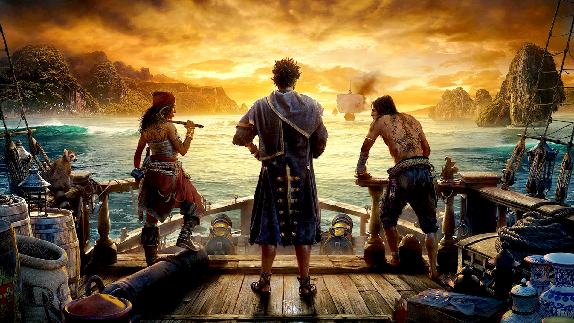 Trzej piraci na pokładzie statku patrzą w stronę morza, o wschodzie słońca z burzowymi chmurami na tle malowniczych skał.