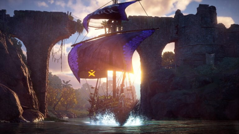 Kadr z gry Skull and Bones. Statek piracki z fioletowymi żaglami płynący przez wodę w kierunku łukowatego rozbitego mostu w ruinach zamku o zachodzie słońca.