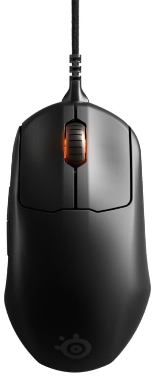 Czarna mysz komputerowa z pomarańczowym podświetleniem na rolce przewijania i plecionym kablem.