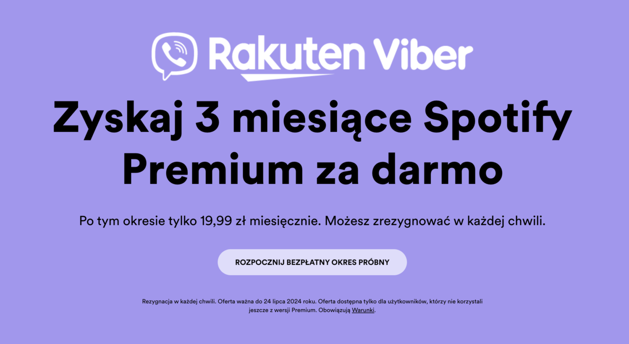 Reklama promocyjna Rakuten Viber oferująca 3 miesiące używania Spotify Premium za darmo, z opcją rezygnacji w dowolnym momencie i dalszym kosztem 19,99 zł miesięcznie. Na dole przycisk "Rozpocznij bezpłatny okres próbny" i informacja o warunkach oferty.