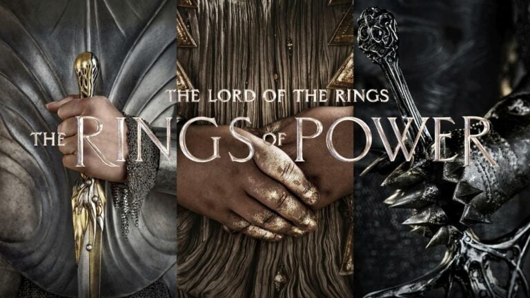Plakat serialu "The Lord of the Rings: The Rings of Power" z trzema różnymi postaciami, każda trzymająca inny przedmiot.
