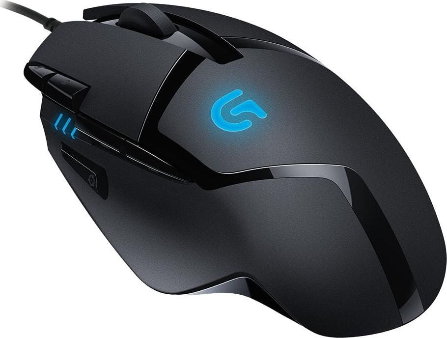 Czarna, przewodowa mysz komputerowa z niebieskim podświetleniem i logo producenta na górnej części.