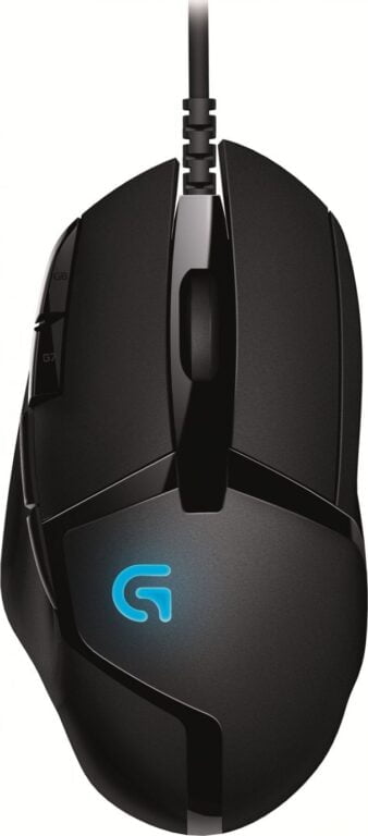 Czarna mysz komputerowa dla graczy ze świetlnym logo w kształcie literki G na boku.