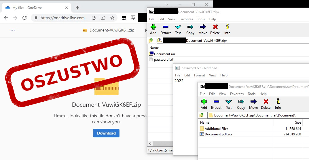 oszustwo OneDrive - tak wyglądają przesłane archiwa i pliki