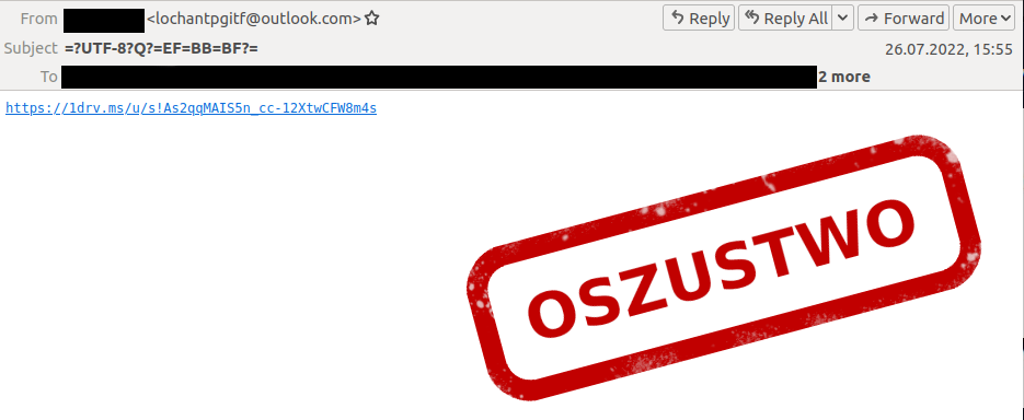 oszustwo OneDrive - tak wygląda mail od oszustów