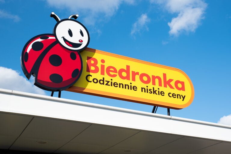 Reklama sklepu Biedronka z maskotką w kształcie uśmiechniętej biedronki, umieszczona na dachu budynku, na tle niebieskiego nieba z białymi chmurami.
