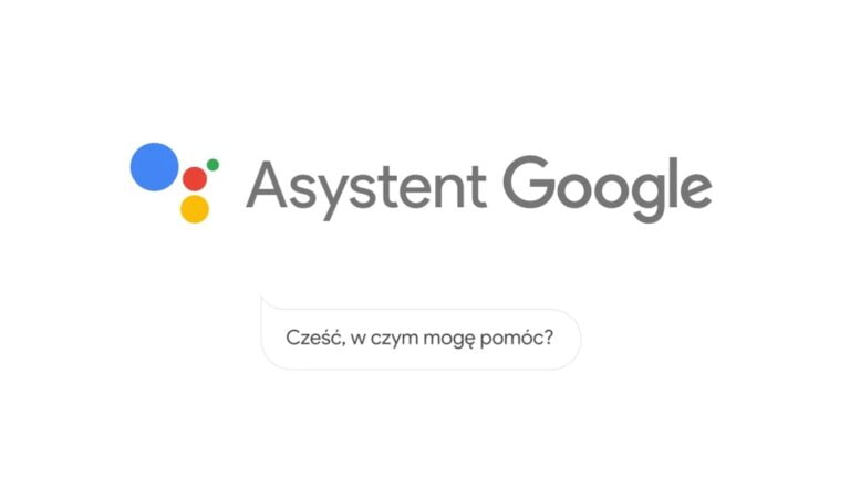 Logo Asystenta Google oraz napis Asystent Google na białym tle. Poniżej dymek z napisem „Cześć, w czym mogę pomóc?”