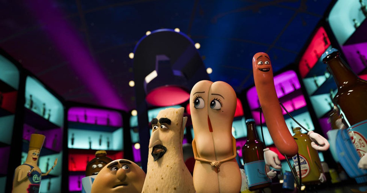 Personagens animados que lembram diversos produtos alimentícios em um bar, com iluminação colorida ao fundo.