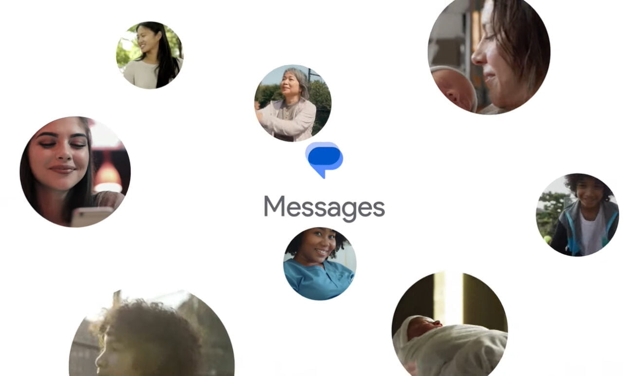 Zestaw okrągłych zdjęć osób reprezentujących kontakty w aplikacji do wiadomości, z ikoną dymka i napisem "Messages" na środku.