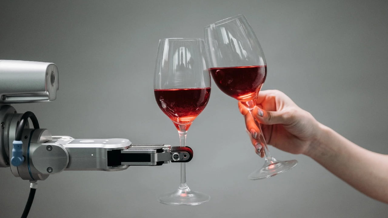 człowiek i robot z kieliszkami wina