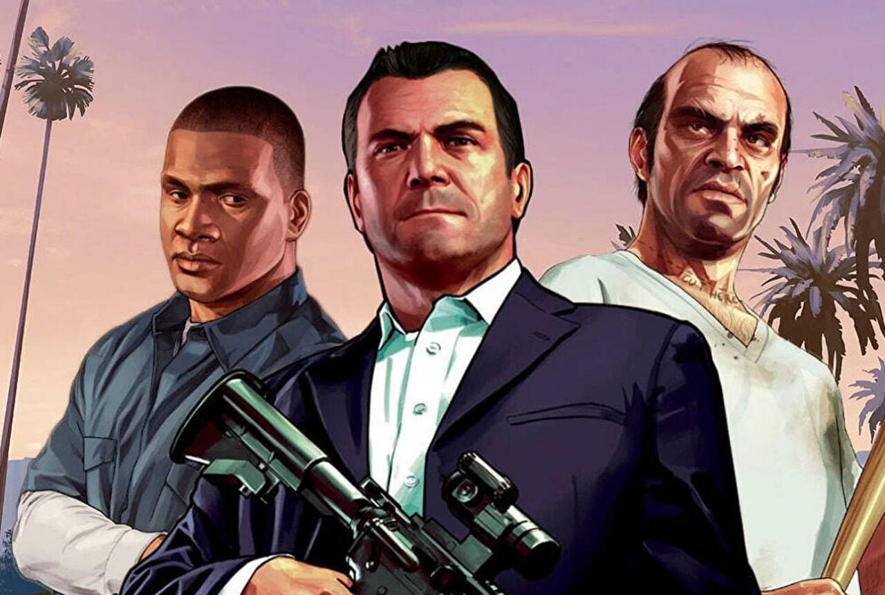 Ilustracja przedstawiająca trzech mężczyzn w stylizacji komiksowej z palmami w tle. Grafika do gry GTA V
