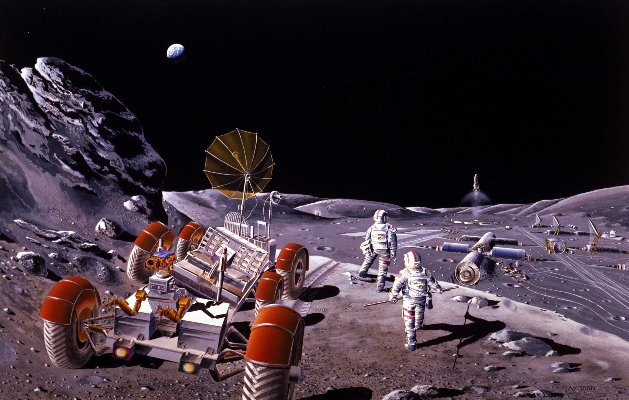 Scena przedstawiająca astronautów, pojazd księżycowy i wyposażenie na powierzchni Księżyca z planetą Ziemia widoczną w tle.