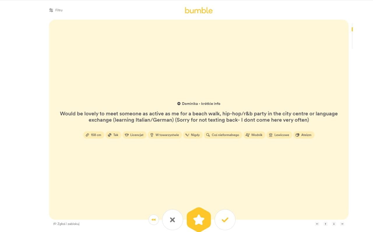 Opis jednego z profilów na aplikacji randkowej Bumble