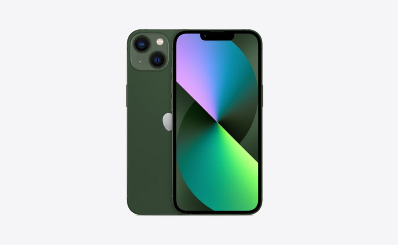 Zielony smartfon z podwójnym aparatem i przednim wyświetlaczem z kolorowym graficznym tłem na białym tle.