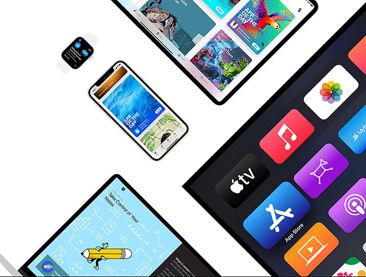 Kompozycja urządzeń Apple z elektronicznych: smartfona, tabletu i inteligentnego zegarka z wyświetlanymi różnorodnymi aplikacjami i funkcjami, w tym sklep App Store.