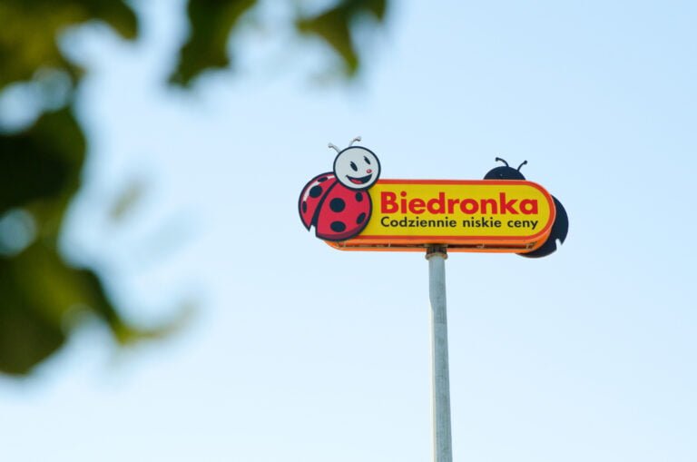 Tablica reklamowa sklepu Biedronka z maskotką w kształcie biedronki umieszczoną na tle niebieskiego nieba.