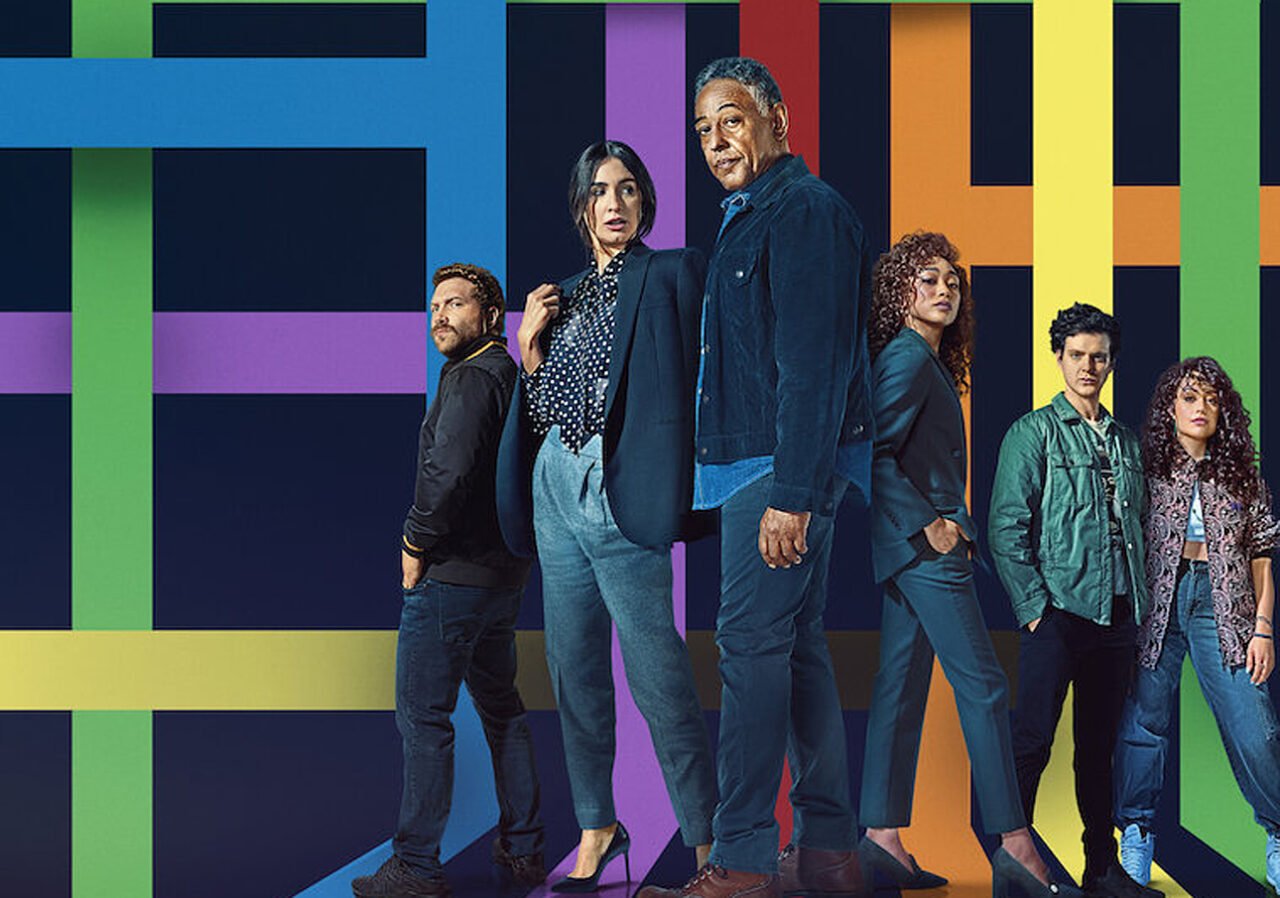 Plakat z bohaterami serialu Kalejdoskop od Netflix stojącymi na różnokolorowym tle