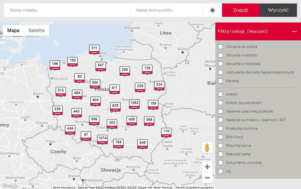 DPD Mapa de pontos de coleta de lugares disponíveis na Polônia