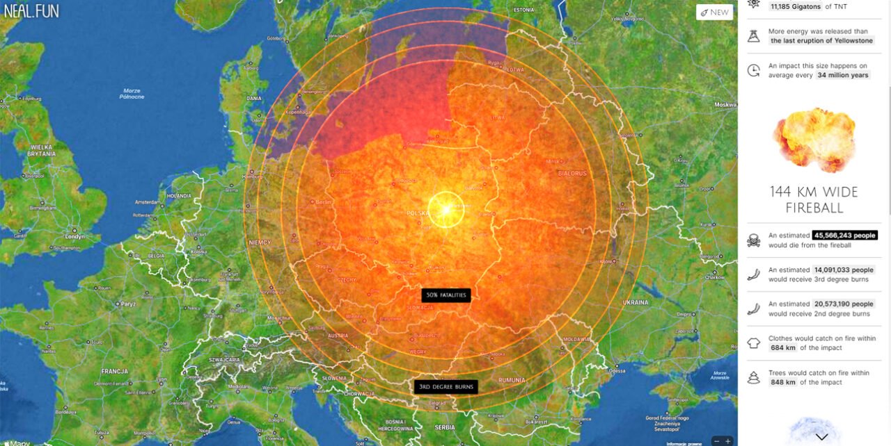 asteroid launcher symulacja planetoidy uderzającej w Warszawę