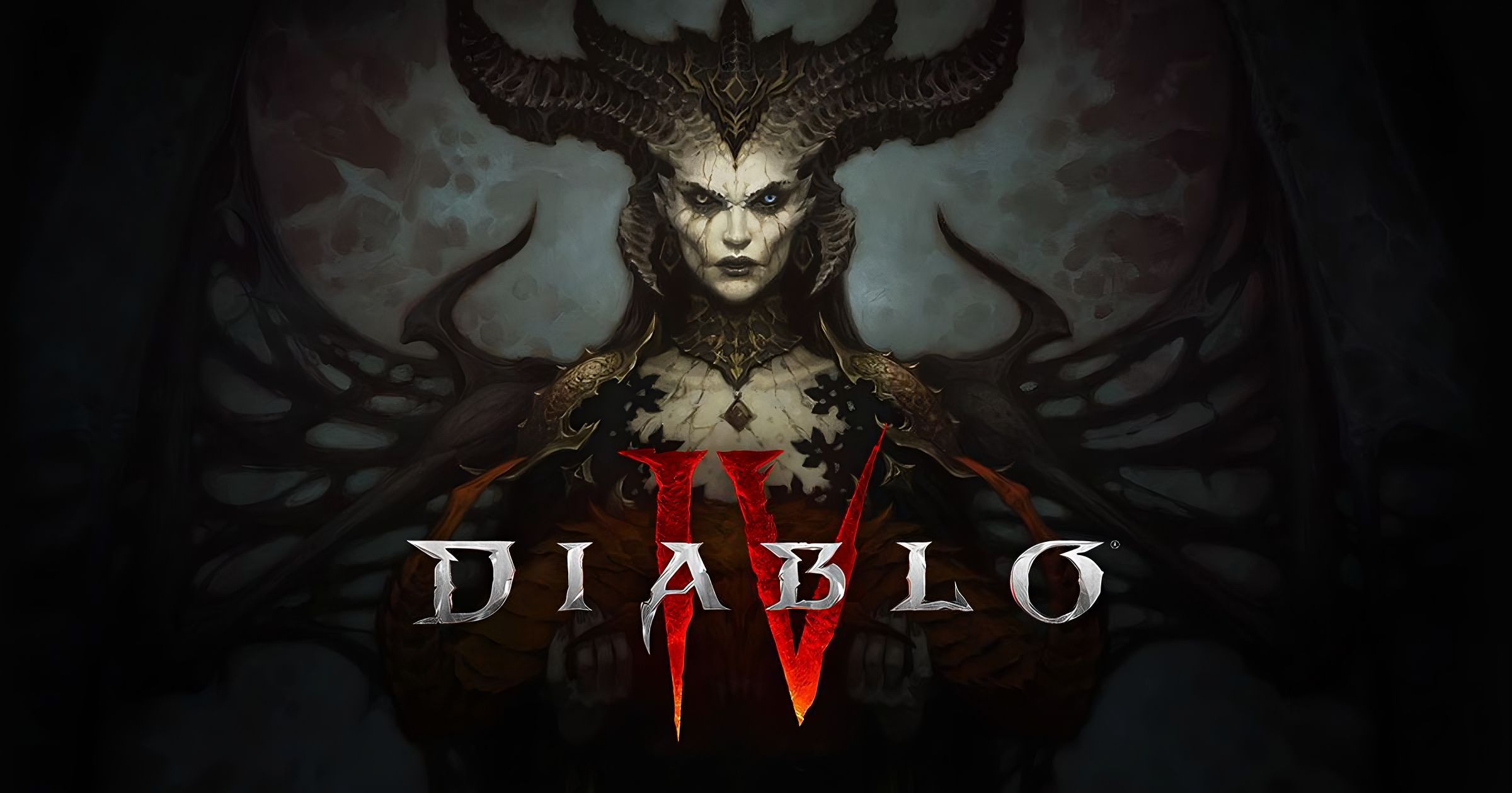 Grafika przedstawiająca demoniczną postać z rogami i mrocznymi skrzydłami na tle logo gry "Diablo IV".