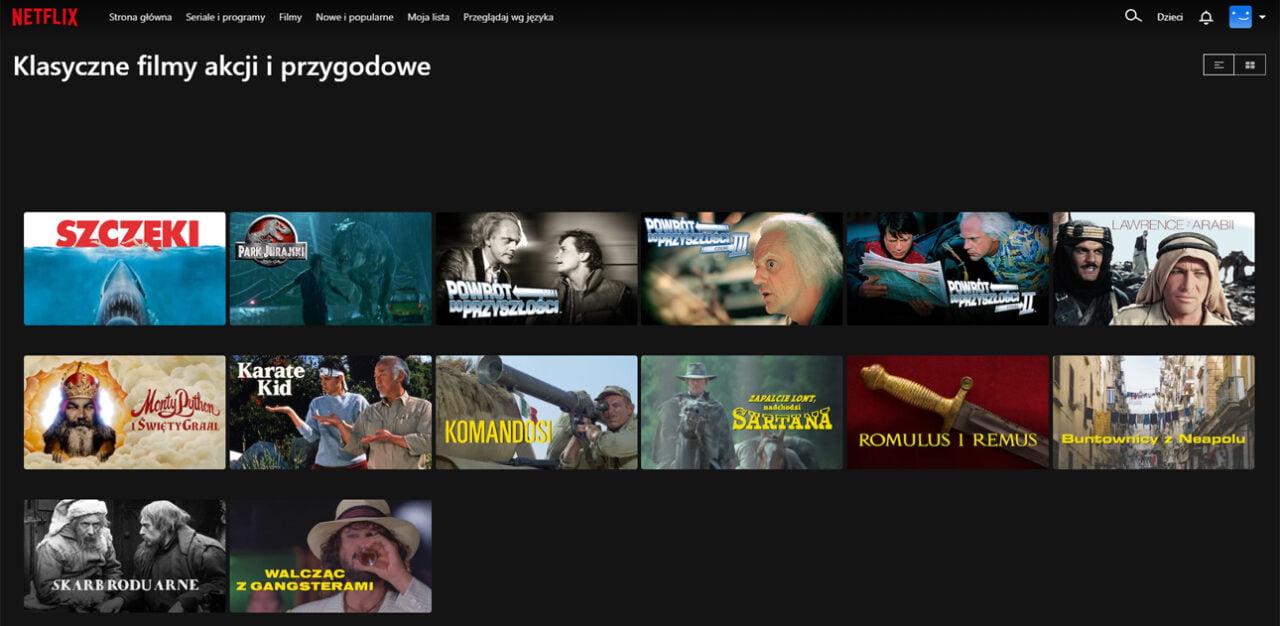 tajne kody Netflix - prezentacja działania na platformie. Screen pokazujący grafiki z filmami po wpisaniu kodu Netflix