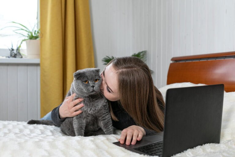 Kobieta całuje w głowę szarego kota rasy brytyjski krótkowłosy, leżąc na łóżku przed otwartym laptopem.