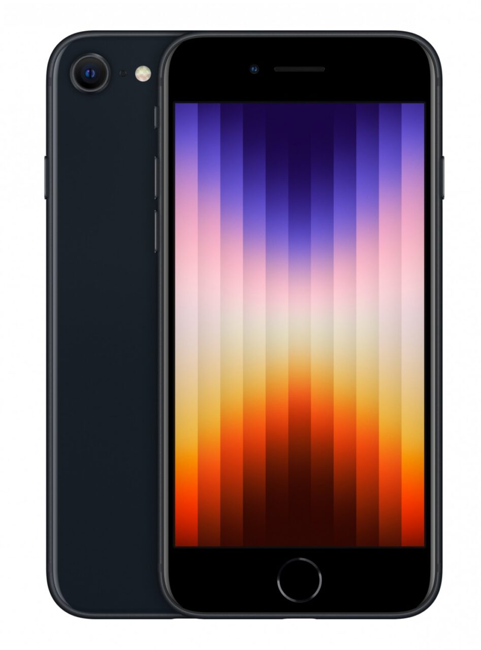 Czarny smartfon z kolorowym gradientem na ekranie przechodzącym od niebieskiego przez fiolet do czerwieni na dolnej krawędzi.