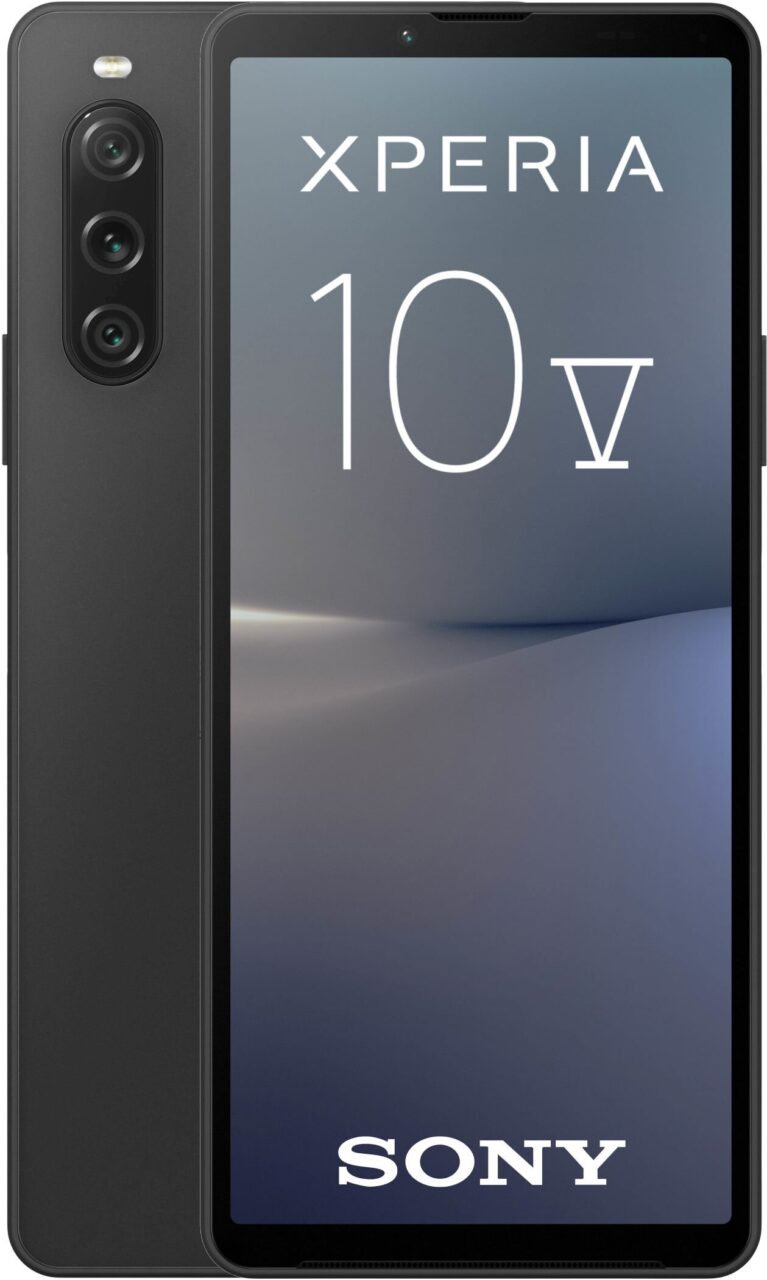 Czarny smartfon Sony Xperia 10V z potrójnym aparatem i logo marki na przednim panelu.