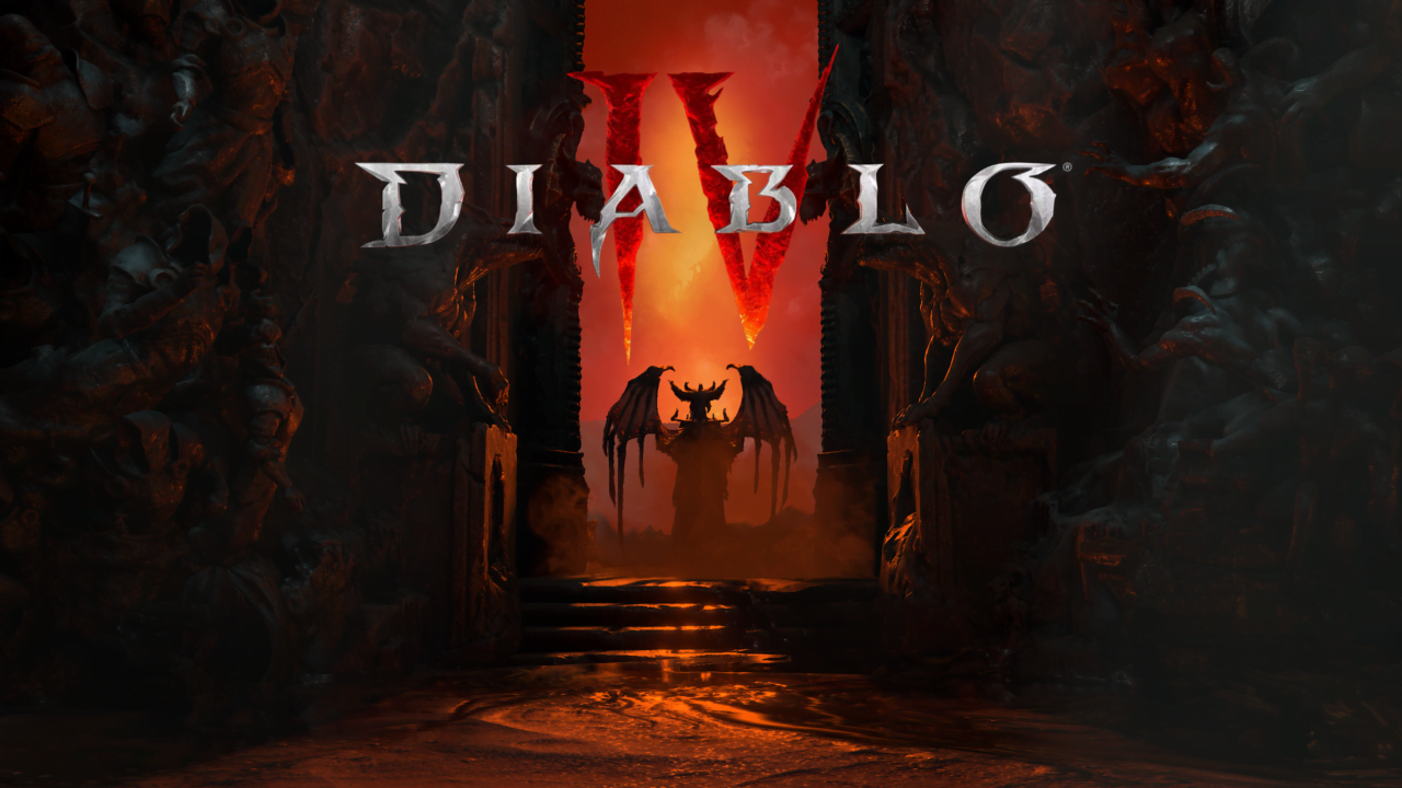 Diablo 4. Grafika przedstawia mroczne wejście z płonącym napisem "Diablo 4" na górze, otoczone rzeźbieniami przypominającymi potwory, z postacią o demonicznym wyglądzie w centrum.