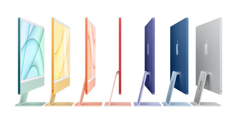 Komputery iMac w różnych kolorach, ustawione bokiem w rzędzie, pokazujące przedni i tylny widok.
