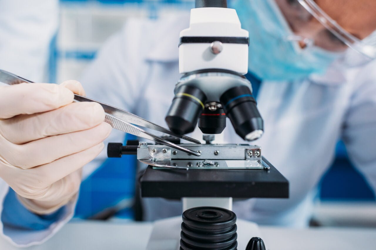 Gen wikinga. Naukowiec w laboratorium używa mikroskopu i pęsety do badania próbki. Genetyka pozwoli na to, byśmy mieli odporność na wirusy?