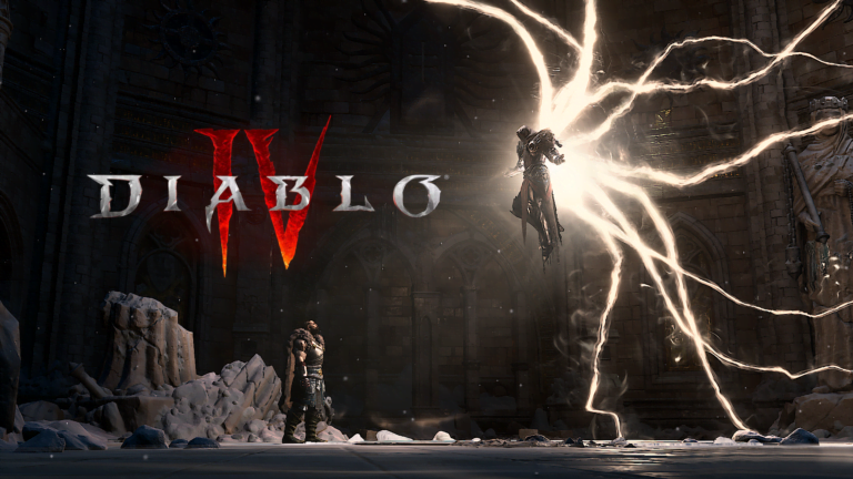 Grafika z gry "Diablo IV" przedstawiająca postać stojącą naprzeciwko otoczonemu błyskawicami demonowi z logo gry w centralnym punkcie.
