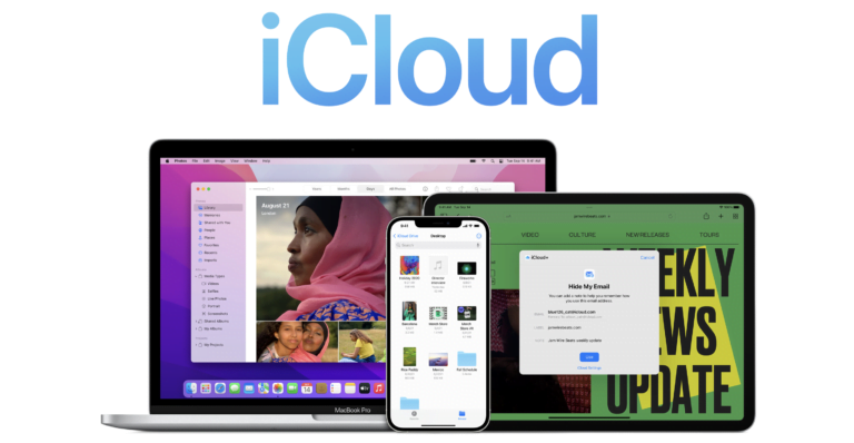 Reklama usługi iCloud prezentująca MacBooka Pro, iPhone'a i iPada z różnymi otwartymi aplikacjami i dokumentami, nad którymi znajduje się duże logo iCloud.