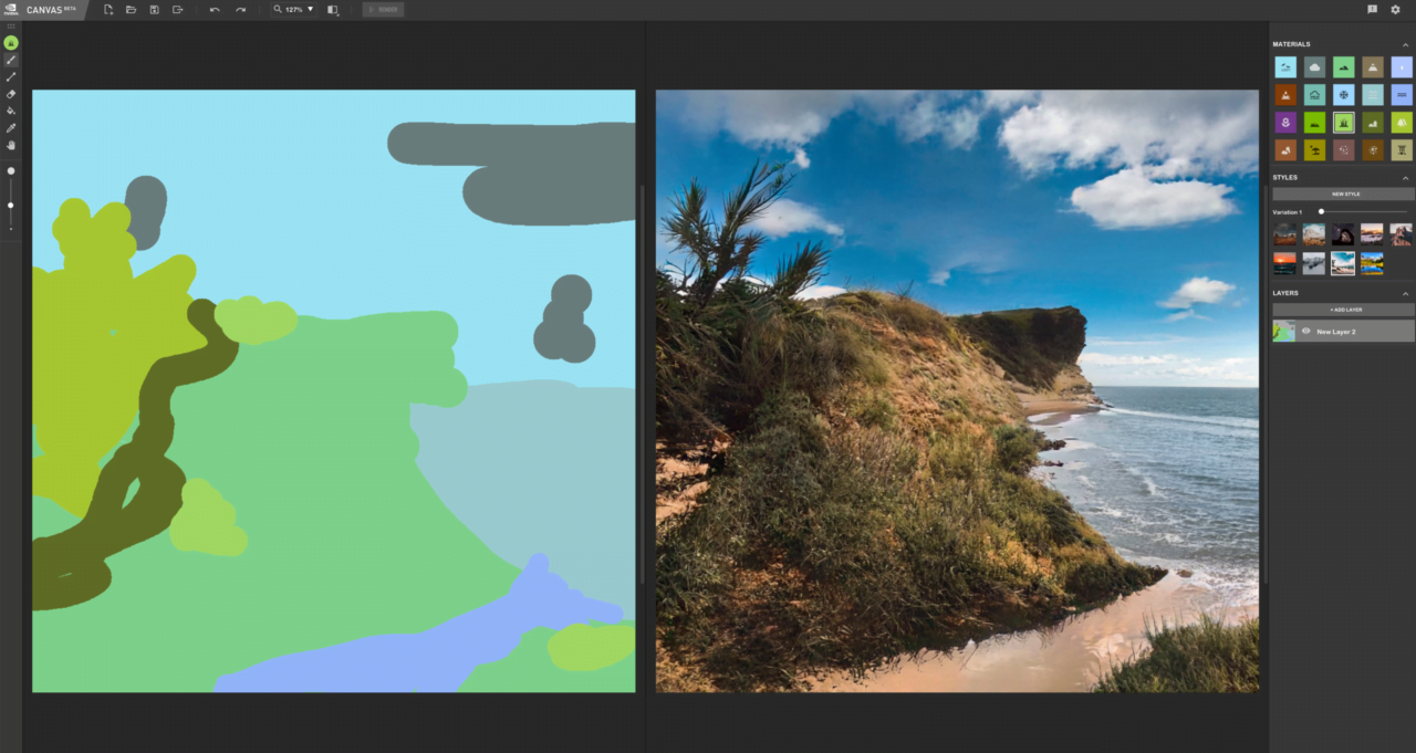 Zrzut ekranu programu do edycji grafiki pokazujący proces tworzenia cyfrowego obrazu klifów nad brzegiem morza na podstawie zdjęcia. Po lewej stronie niekompletny, kolorowy szkic, po prawej zaawansowany etap z detalicznym zdjęciem krajobrazu.