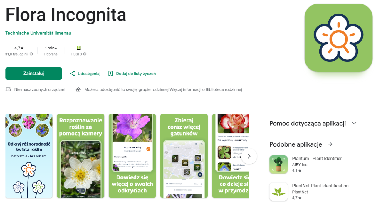 Ekran aplikacji Flora Incognita w sklepie Google Play przedstawiający ocenę 4,7 gwiazdki, ponad 1 milion pobrań, interfejs użytkownika z przyciskami instalacji, udostępniania i dodawania do listy życzeń, oraz miniatury zrzutów ekranu z aplikacji pokazujące rozpoznawanie roślin przy pomocy kamery, zbieranie gatunków i informacje o roślinach. Na prawo ikona aplikacji z kwiatem.