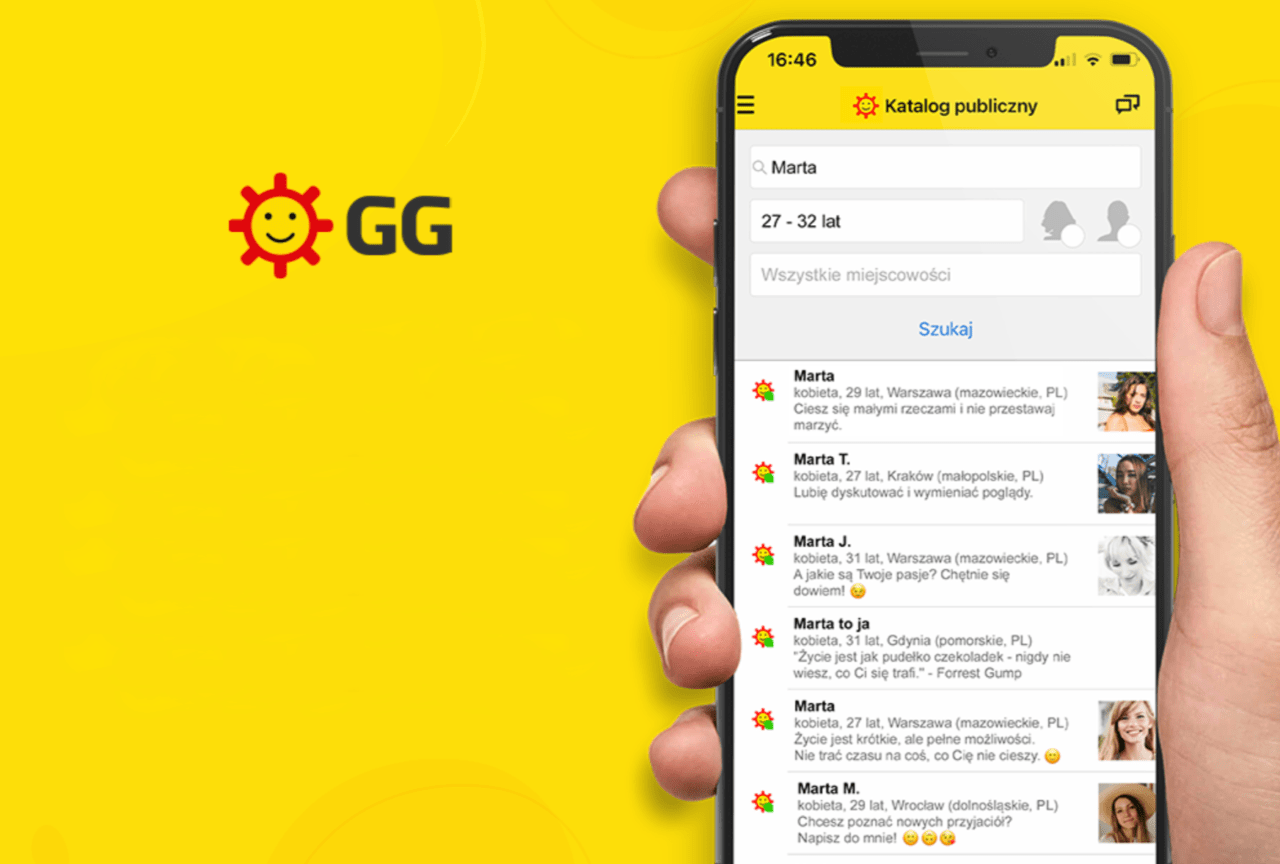 Dłoń trzymająca smartfon z otwartą aplikacją randkową na ekranie, wyświetlającym profile różnych kobiet o imieniu Marta, na żółtym tle z logiem "GG" w lewym górnym rogu.