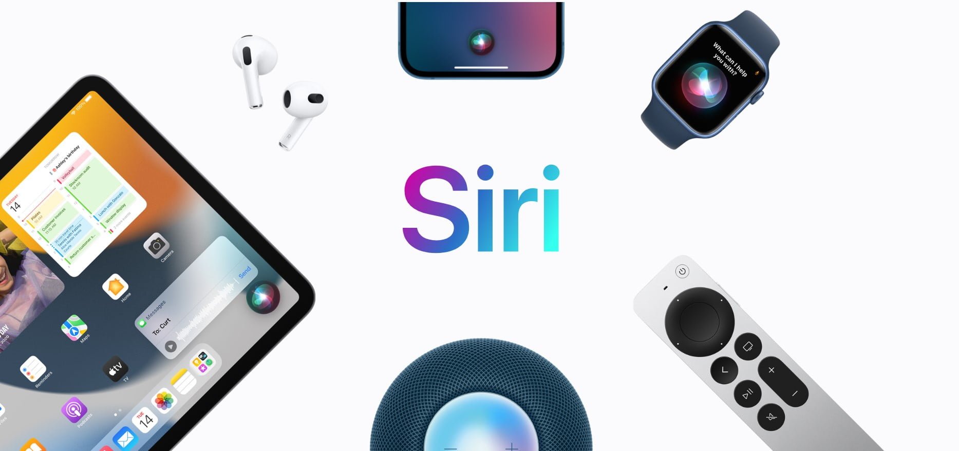 Reklama prezentująca różne produkty współpracujące z asystentem głosowym Siri, w tym iPad, AirPods, iPhone, Apple Watch, HomePod i pilot do Apple TV, z logo "Siri" na środku.