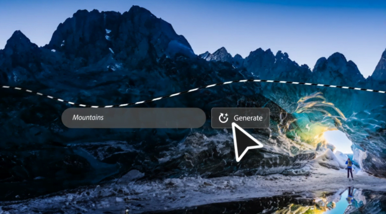 Adobe Firefly w Photoshop. Zdjęcie przedstawiające osobę wchodzącą do jaskini lodowej z wyświetlonym interfejsem użytkownika z napisami "Mountains" i przyciskiem "Generate".