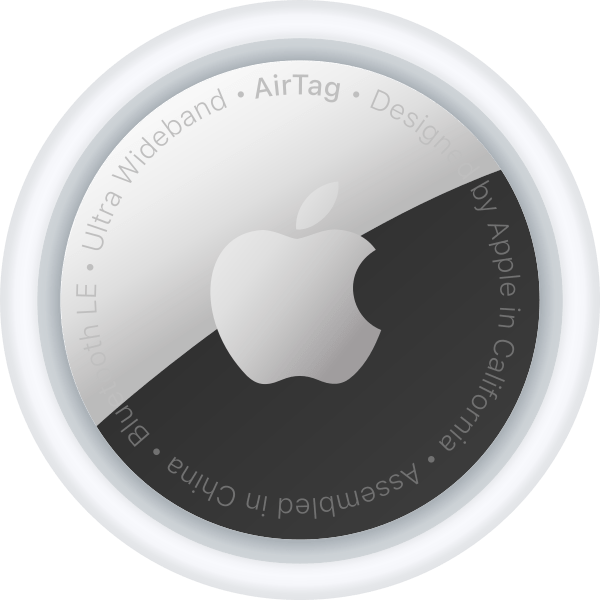 Apple AirTag z białą obudową i srebrnym tyłem z wygrawerowanym logo Apple i napisami.