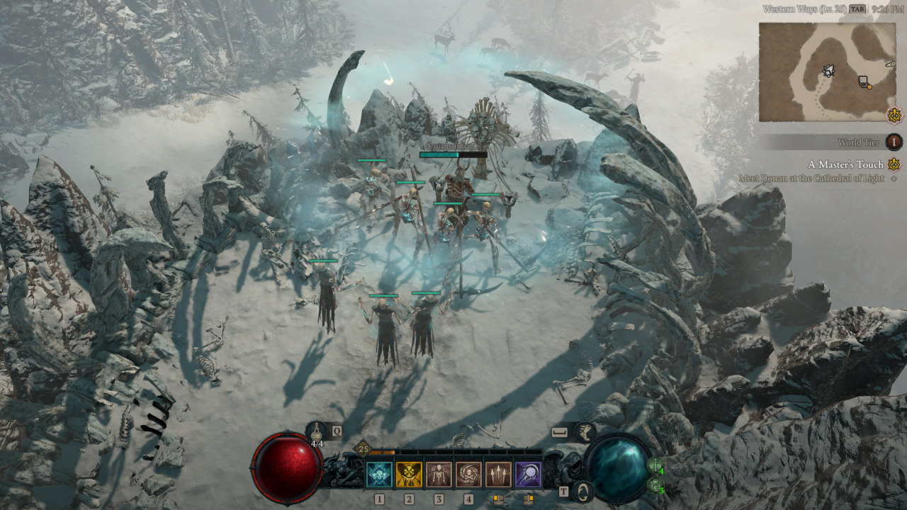 Zrzut ekranu z gry komputerowej Diablo 4 przedstawiający postać gracza otoczoną przez grupę szkieletów w śnieżnym, fantastycznym środowisku, z interfejsem użytkownika na dole ekranu i mapą w prawym górnym rogu.
