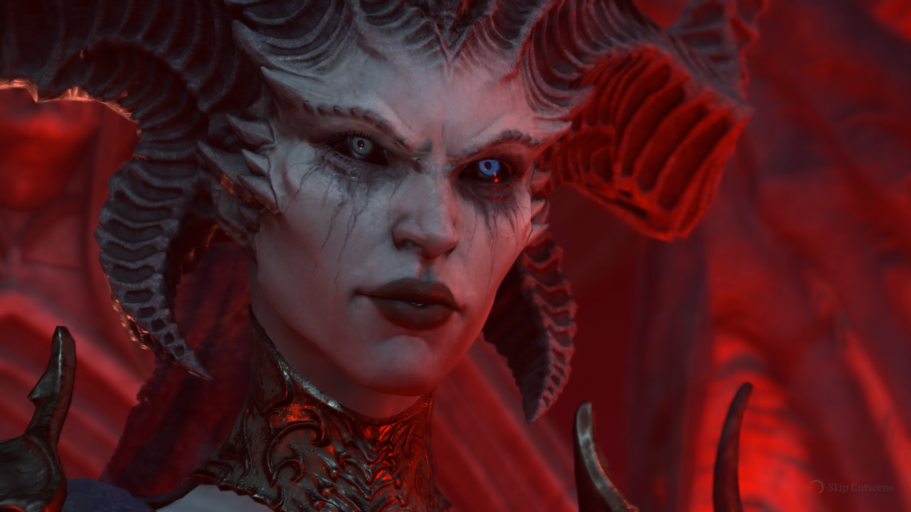 Diablo 4 i „Łupy na nowo”. Portret postaci żeńskiej z rogami, czerwoną skórą i niebieskimi oczami w demonicznym stylu, na czerwonym tle.