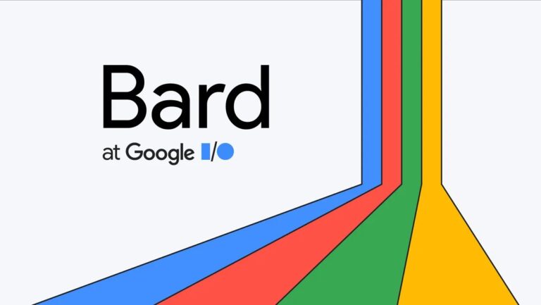 Grafika promocyjna "Bard at Google I/O" z wielobarwnymi liniami biegnącymi w stronę napisu.
