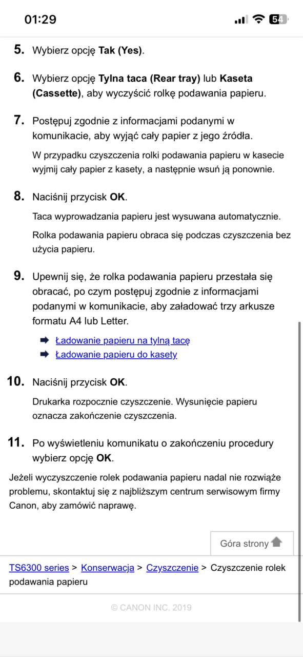 Ekran instrukcji konserwacji drukarki Canon z serii TS6300, pokazujący kroki dotyczące czyszczenia rolek podawania papieru, napisane w języku polskim.