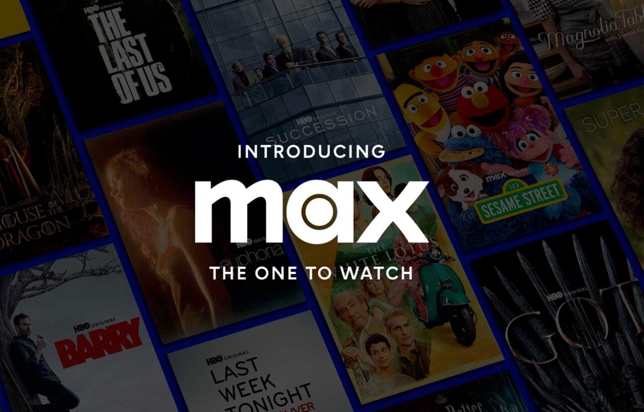 Anúncio de uma plataforma de streaming com logotipo "máx." em primeiro plano e uma colagem de pôsteres de diversos filmes e séries ao fundo.