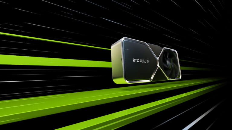 Grafika przedstawiająca kartę graficzną NVIDIA na czarnym tle z zielonymi pasami