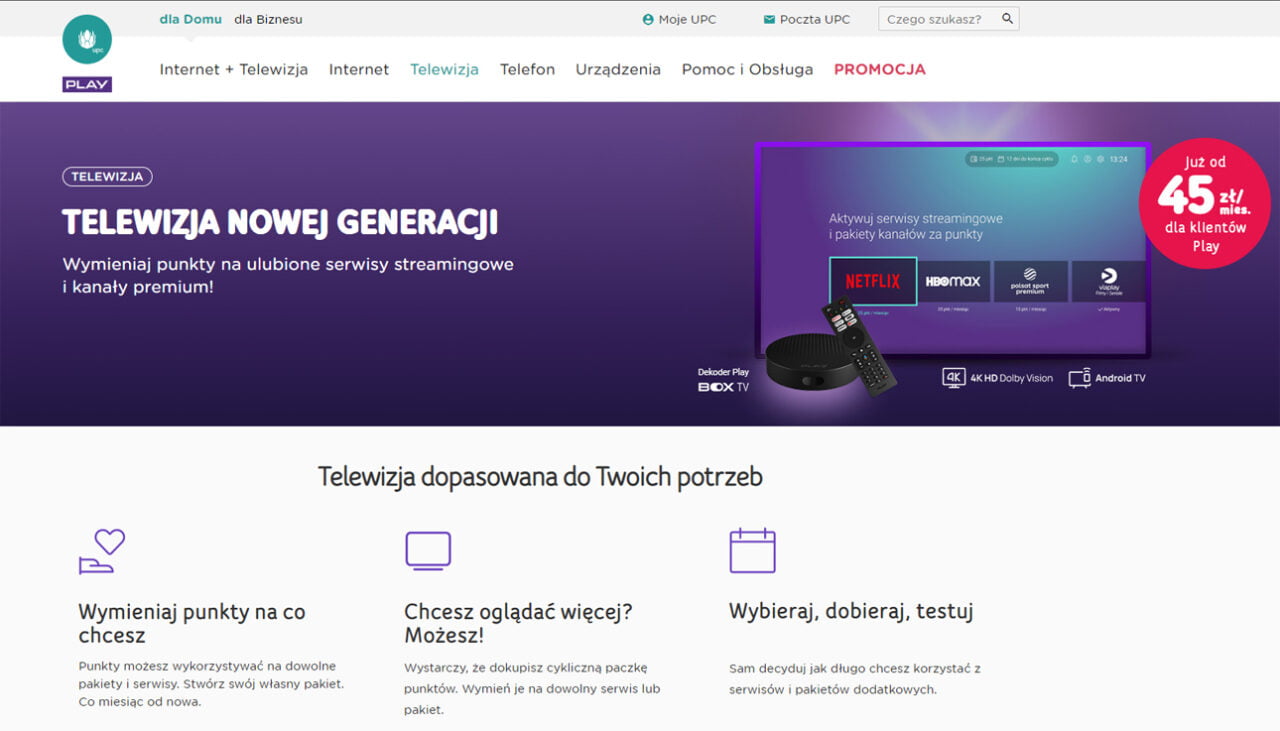 Play UPC Telewizja Nowej Generacji Fot screen strony z ofertą Telewizji Nowej Generacji
