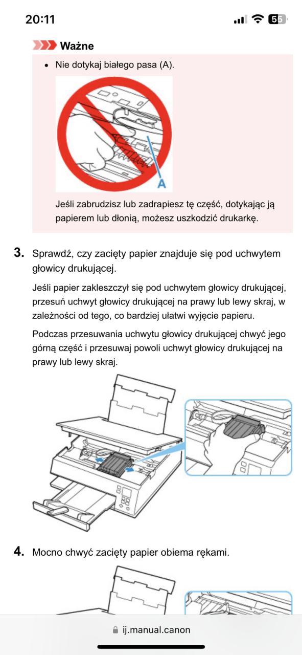 Zrzut ekranu z instrukcji obsługi drukarki z ilustracjami i instrukcjami postępowania przy zacięciu papieru, ostrzeżeniem "Nie dotykaj białego pasa" i adres internetowy manuala na dole.