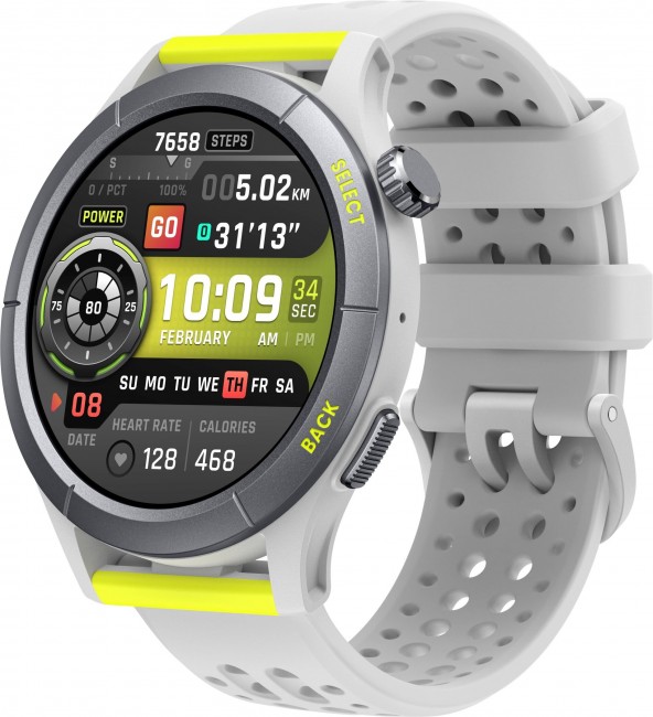 Zegarek sportowy z cyfrowym wyświetlaczem pokazującym czas, datę, liczbę kroków, dystans, czas trwania aktywności, tętno i spalone kalorie, z szarym paskiem i żółtymi akcentami.