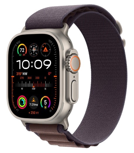 Inteligentny zegarek z brązowym paskiem i cyferblatem pokazującym różne aplikacje w tym czas, kompas i pomiary zdrowotne.